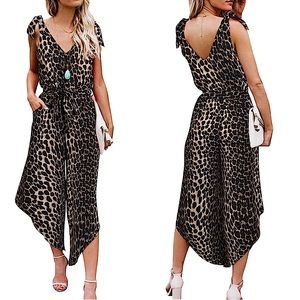 BELONGSCI : NWT V-Neck Long Romper Leopard Print Jumpsuits with Belt -Size Small